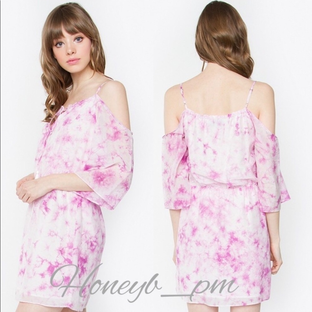 New! Clearance 🔥 Pink Cold Shoulder Tie Dye mid Elastic Dress - Picture 2 of 8